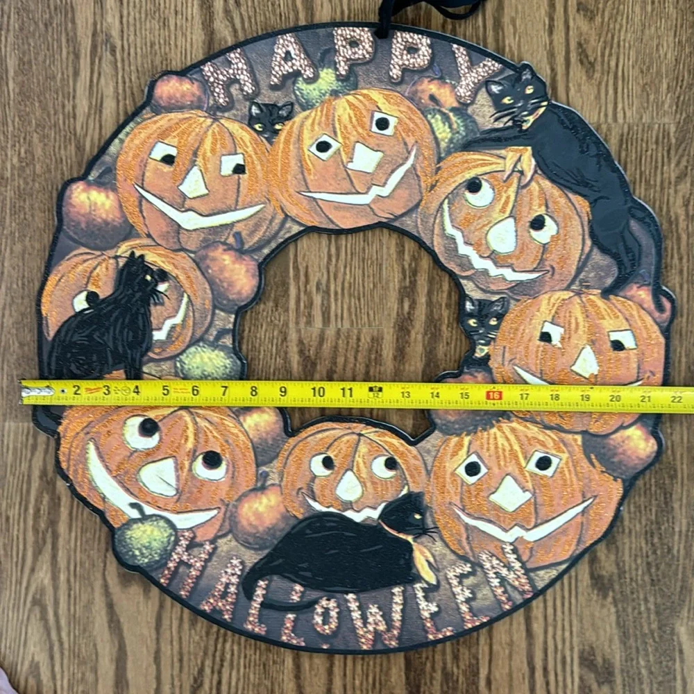 Halloween Pumpkin Wreath with Black Cats
